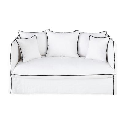 2-Sitzer-Sofa mit Bezug aus gewaschenem Leinen, weiß mit schwarzen Volants