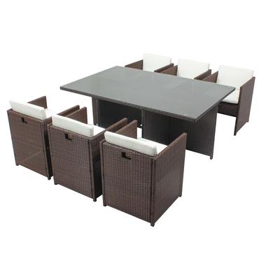 Tisch und 6 Stühle aus Harz, ineinanderschiebbar, braun/weiß
