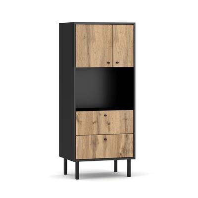 Highboard 2 Türen 2 Schubladen L57 x H135 cm - Dekor Eiche und Schwarz