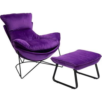 Sessel und Fußstütze aus violettem Samt und schwarzem Stahl