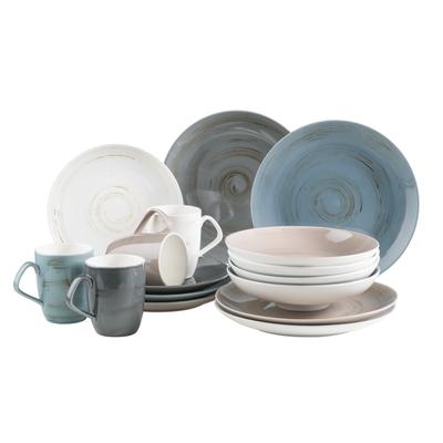 16-teiliges Geschirr-Set aus Porzellan, blau, grau, beige und weiß