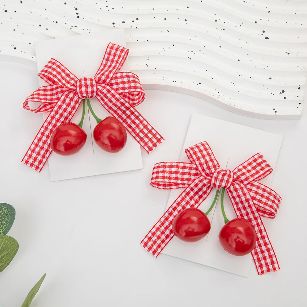 4 Teile/los Vintage Kirsche BB Haarspangen Rot Plaid Bogen Haar Clips für Prinzessin Neugeborene Mädchen Kinder Grips Haarnadeln