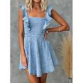 Damen Jeanskleider Minikleid Denim Rüsche Rückenfrei Verabredung Urlaub Strassenmode Basic Spaghetti-Träger Ärmellos Blau Leicht Blau Farbe