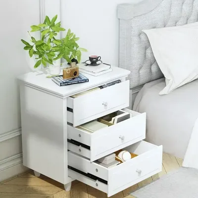 3 Drawer Bedside Table with Wooden Legs, Modern White Drawer Dresser Bedside Table, Perfect for