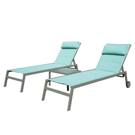 Lounge Chair Outdoor Set of 2 Outdoor Chaise Lounge Chairs with Side Table & Adjustable Headrest Outdoor Lounge Chair with 5 Adjustable Position Patio Chaise Lounge Chair for Beach Yard Lake Blue