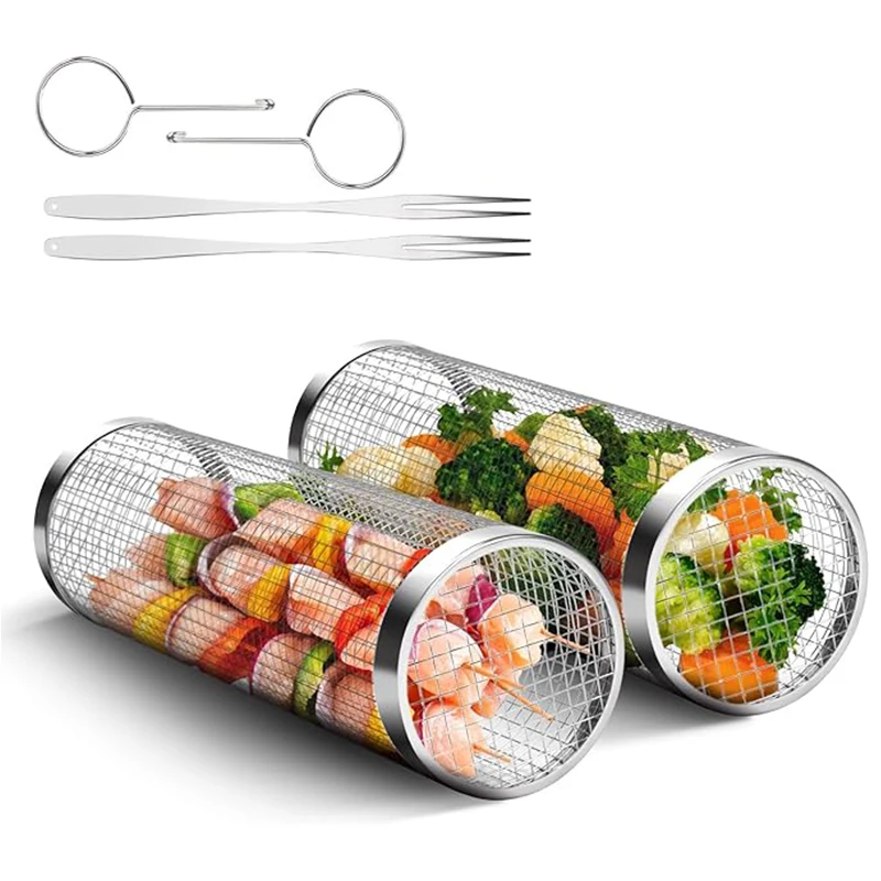 Rolling Grillen Grill korb Outdoor Picknick Camping einfache zylindrische Grill Grill Edelstahl auslaufs ichere Mesh Grill Rack