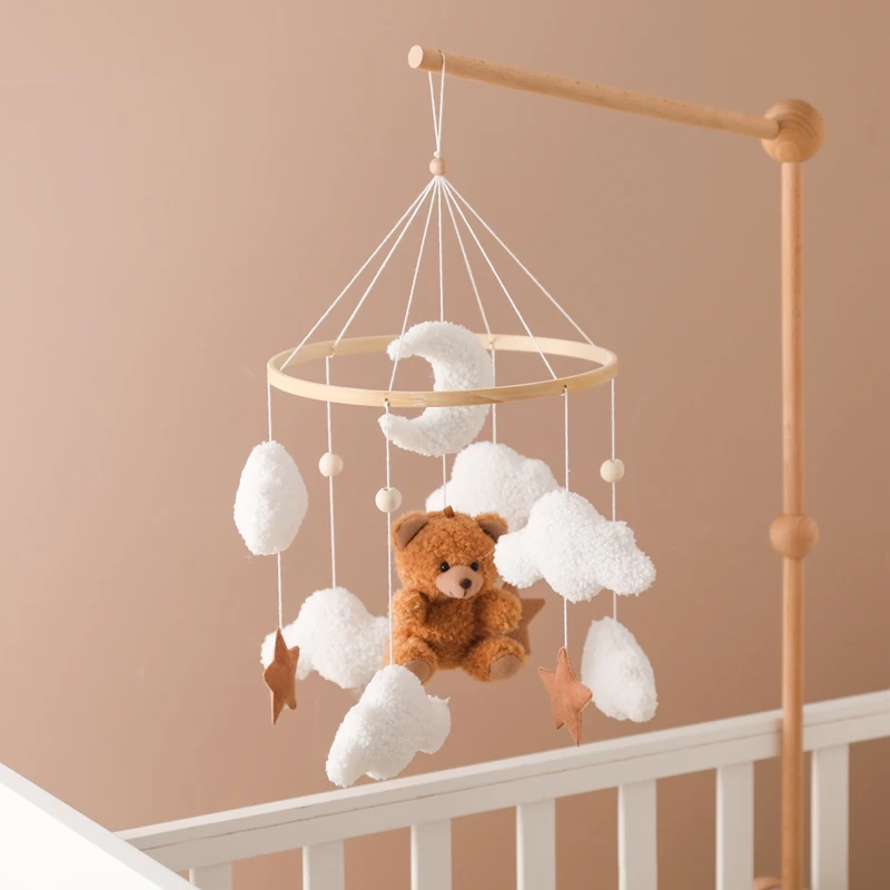Holz Krippe Mobile Baby Bett Glocke Rassel Spielzeug Weiche Filz Cartoon Bär Mobile halterung Neugeborenen Spieluhr Bett Glocke Hängen Halterung Spielzeug Image