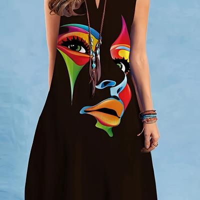 TEMU Colorful Figure Print Sleeveless Tank Dress, Casual Notched Neck Loose Tank Dress For , Women's Clothing Image