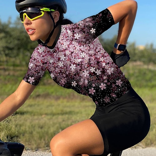 Damen Radtrikot Blumenmuster Kurzarm Fahhrad Oberteil mit 3 Gesäßtaschen Mountainbike MTB Straßenradsport Schnelltrocknend Reflektierende Streifen Rückentasche Feuchtigkeitsableitend Sport Gelb Rosa Image