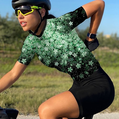 Damen Radtrikot Blumenmuster Kurzarm Fahhrad Oberteil mit 3 Gesäßtaschen Mountainbike MTB Straßenradsport Schnelltrocknend Reflektierende Streifen Rückentasche Feuchtigkeitsableitend Sport Gelb Rosa Image