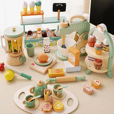 Wooden Pretend Play Set High Tea Set Toys Kitchen Playset Ice Cream Cake Toy for Kids Girls Boys