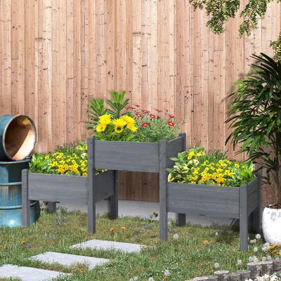 Raised Garden Bed with 3 Planter Box, Elevated Wooden Plant Stand with Drainage Holes, for Vegetables, Herb and Flowers, Gray