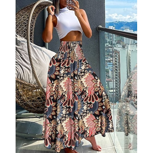 Damen Weitbeinige Hosen A-Linie Boho Blumen Druck Urlaub Schwarz Rot Sommer Lässiger Schnitt Image