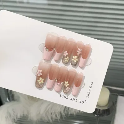 10Pcs Handmade Press on Nails Long Coffin Love Rhinestone Bow Design Fake Nails French Ballerina