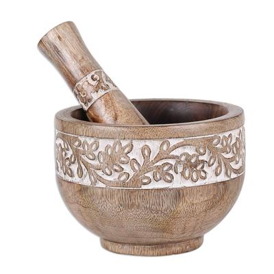 'Leaf-Themed Wood Mortar & Pestle Carved and Painted by Hand'