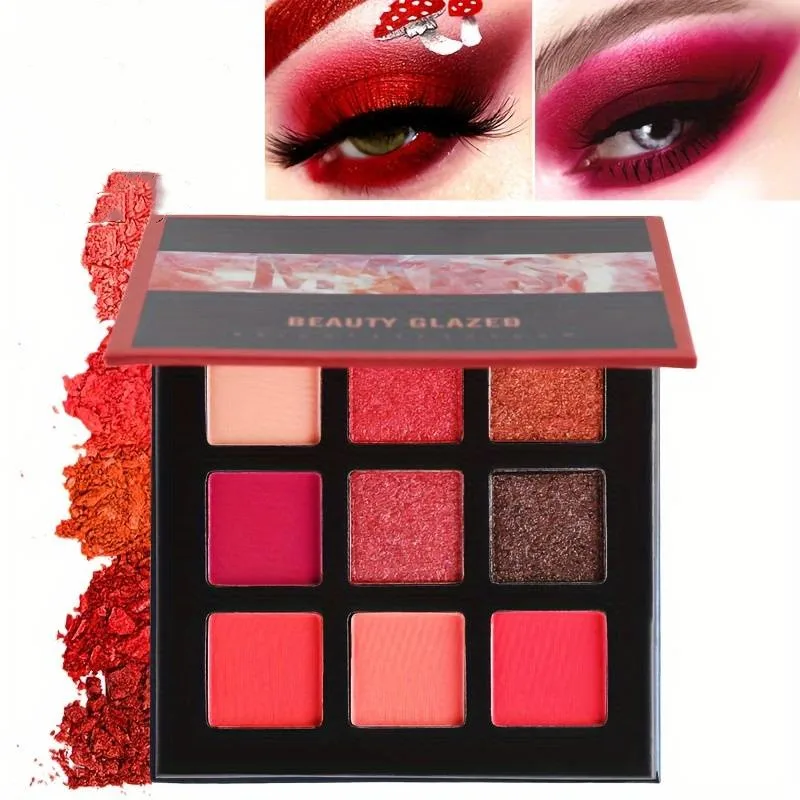 Palette de fards à paupières à paillettes mates, 9 couleurs, Palette de fards à paupières scintillants au ton rouge, poudre colorée à haute pigmentation longue durée
