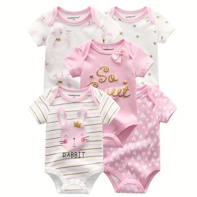 5-piece Summer Cartoon Baby Girl Bodysuits 100%cotton Soft Newborn Onesies Clothes