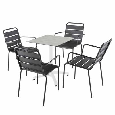 Tisch 60x60 cm kippbar Beton hellgrau und 4 graue Metallstühle