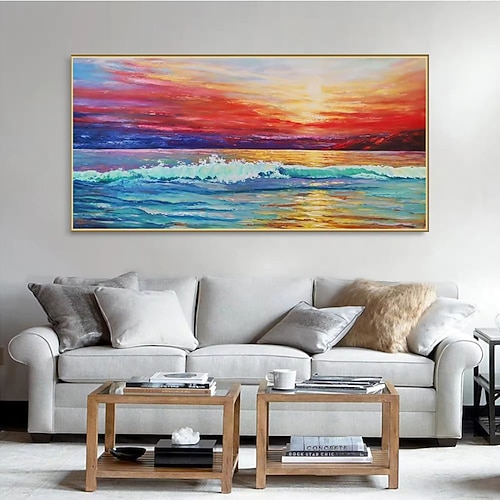 handgemachtes Ölgemälde auf Leinwand, Wandkunst, Dekoration, modern, Strand, Meer, Sonnenaufgang, Sonnenuntergang, leuchtende Landschaft für Zuhause, Zimmerdekoration, gerollt, rahmenlos, ungedehntes Image