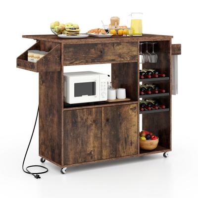 Costway Drop Leaf Mobile Kitchen Island Cart with Power Outlet and Adjustable Shelf-Rustic Brown