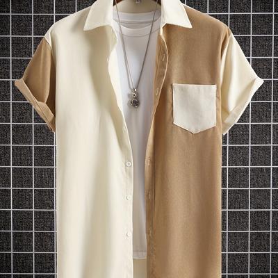 TEMU Bohemian 's Corduroy Short Sleeve Shirt - Color Block, Button-up, Casual Summer Wear Image