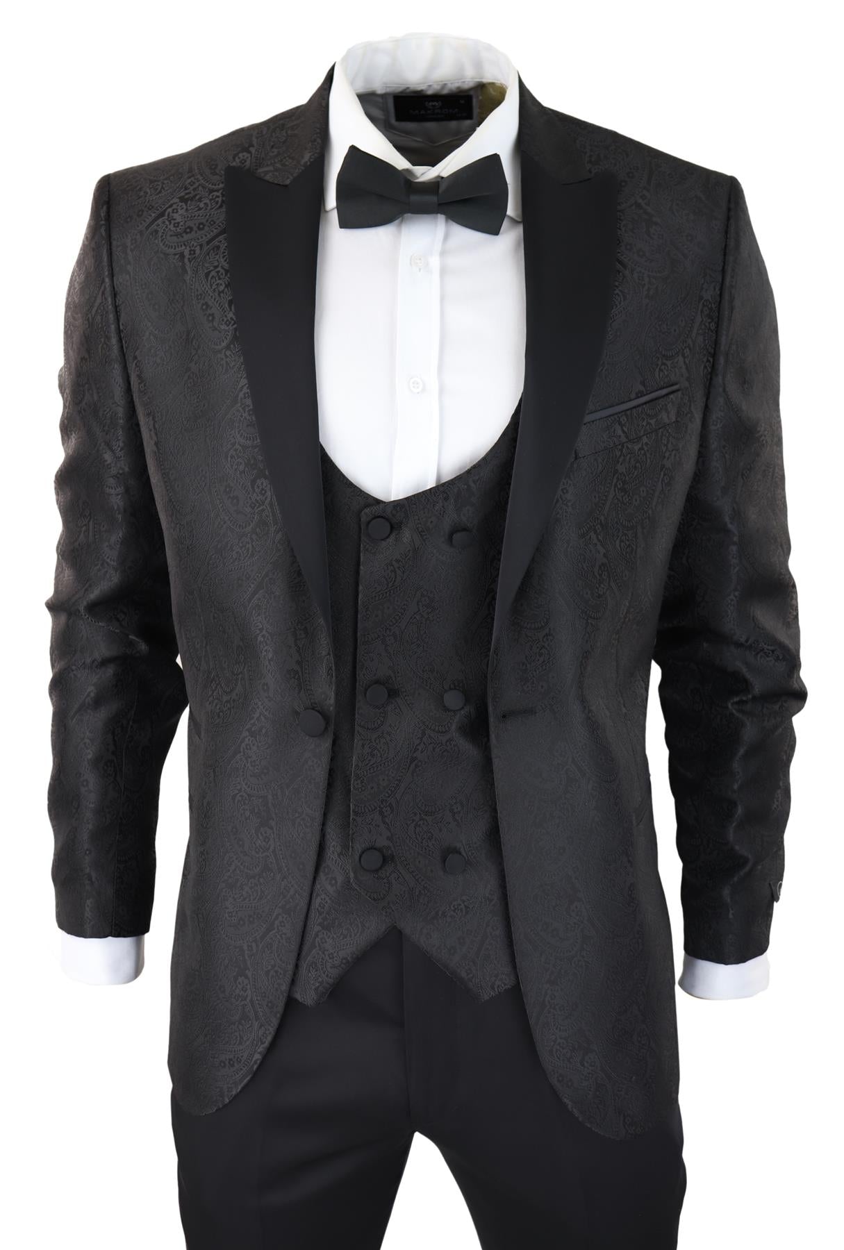 Schwarzer Herren-Smoking-Blazer, Brokat-Satin-Paisley-formelles Abendessen
