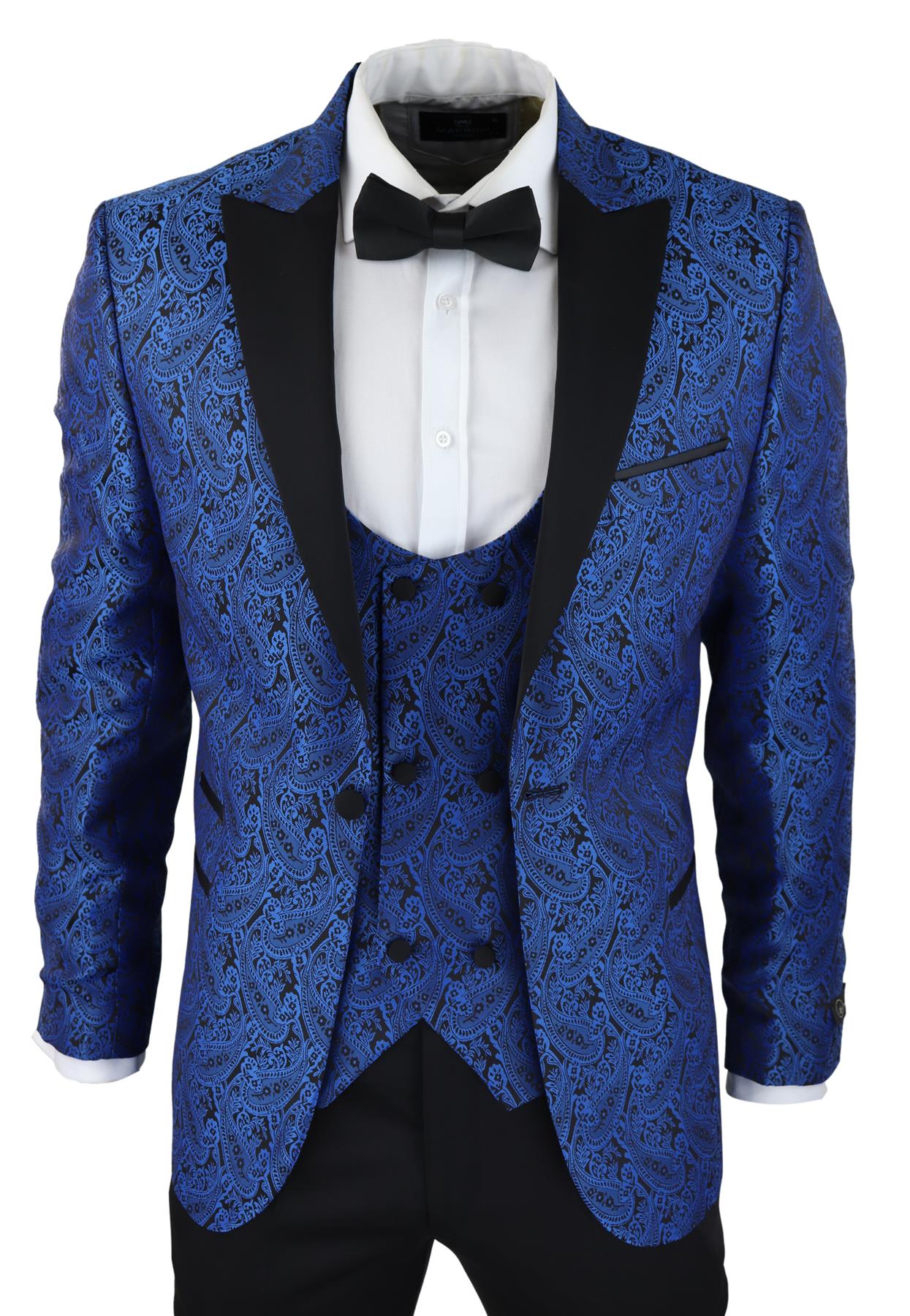 Blauer Herren-Smoking-Blazer, Brokat-Weste, schwarzer Satin-Paisley-Dinner-Jacke Image