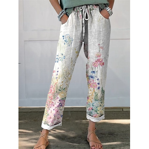 Damen Hosen Hose Gerade Streetwear Lässig Lang Hohe Taille Blumen Tasche Drucken Elastisches Kordelzugdesign Atmungsaktivität Weich Mikroelastisch Urlaub Straße Alltagskleidung Weiß Blau Grün Grau Image