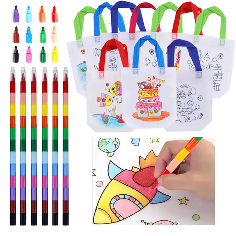 Sacs de Graffiti colorés, bricolage, Crayons de peinture, sac à main Non tissé, jouets de dessin pour enfants, matériel de peinture Cognition des couleurs TMZ