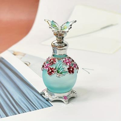 TEMU 15ml Blue Butterfly Enamel Painted Dropper Glass Bottle With Floral Accents, Refillable Perfume & Essential Oil Storage, Portable & Reusable, Unscented, Home Decor Accessory (empty Bottle, No Perfume)