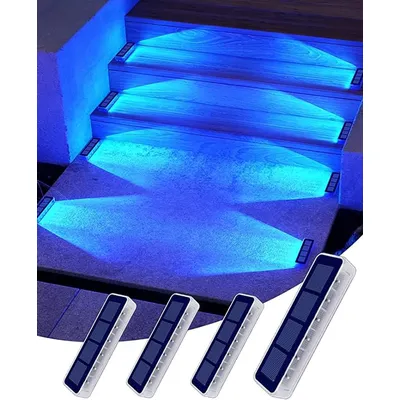 Yilaie LED Solar Step Lights for Outside 4 Pack Solar Stair Lights Blue Solar Deck Lights Waterproof IP68 Solar Pathway Lights