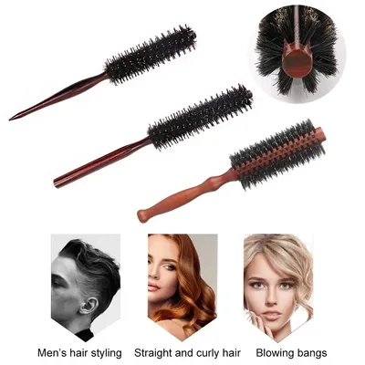 Anti Static Boar Bristle Hair Round Brush Blow Drying Brush Styling Hair Brush with Wooden Handle