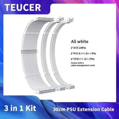 TEUCER CPU PSU Extension Cable 30cm 3 in 1 Motherboard ATX 24Pin GPU PCI-E 6+2Pin 8Pin CPU EPS
