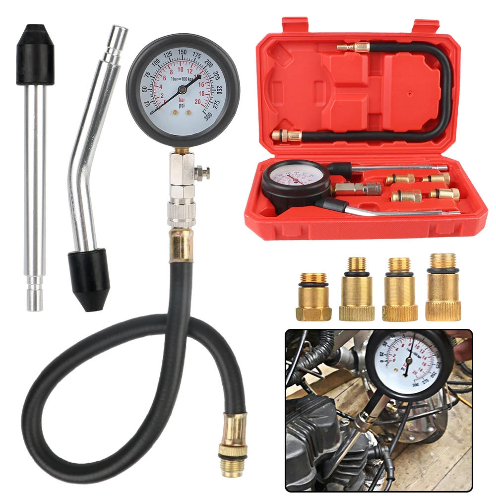Benzinmotor-Kompressionsmesser, Kfz-Zylindertester-Set mit M10 M12 M14 M18 Adapter, Auto-Werkzeuge, Manometer Image