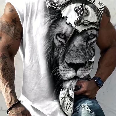 TEMU Men's Novelty 3d Lion Graphic Tank Top For Summer, Trendy Elastic Sleeveless T-shirt For Males, Best Seller Gifts, Plus Size