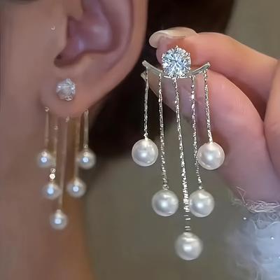 TEMU Elegant Copper Tassel Drape Earrings With Synthetic Cubic Zirconia, Sexy Vintage For Wedding And Vacation, Versatile Jewelry Image