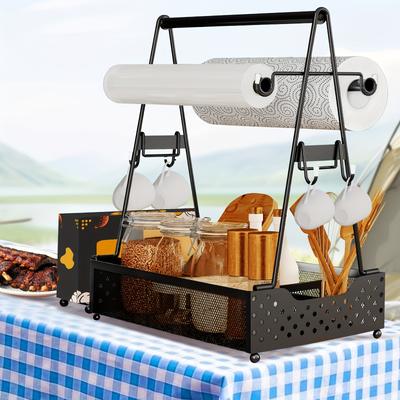 TEMU 1pc, Large Grill Utensil Caddy With 4 Hanging Hooks And 2 Paper Towel Holders - Perfect For Camping, Picnics, And Outdoor Grilling - Bbq Accessories And Kitchen Storage Tools