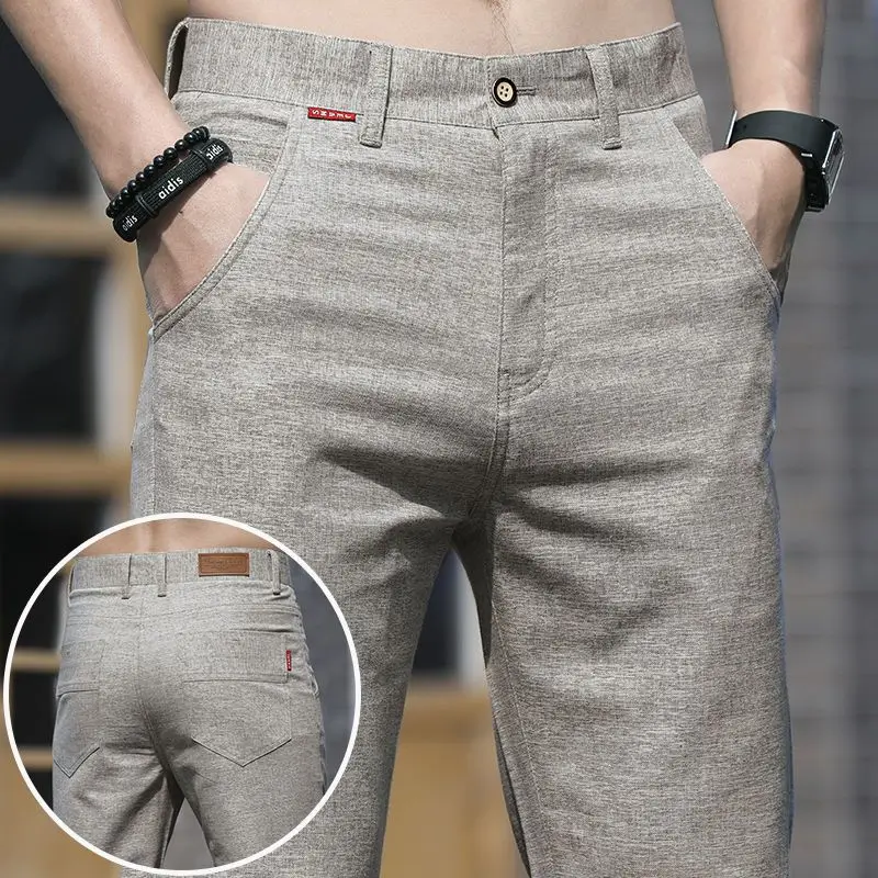 Frühling Sommer Männer Dünne Leinen Gerade Hosen Streetwear Fashion Neue Business Casual Taschen Schlank Große Größe Männliche Vielseitige Hosen