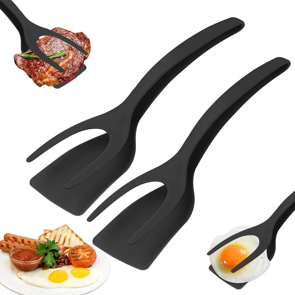 Neue 2-in-1-Griff-Flip-Spatel, Zange, Ei-Flipper-Spatel, Nylon, antihaftbeschichtet, Pfannkuchen, Fisch, französischer Toast, Omelett, Herstellungswerkzeug Image