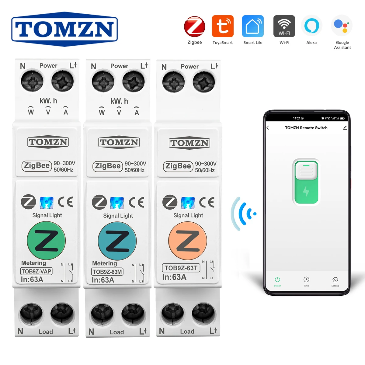 TOMZN Zigbee 63A 1P + N WIFI Smart Switch Contatore di energia Kwh Misurazione Monitoraggio Interruttore Temporizzatore Relè MCB TUYA smartlife