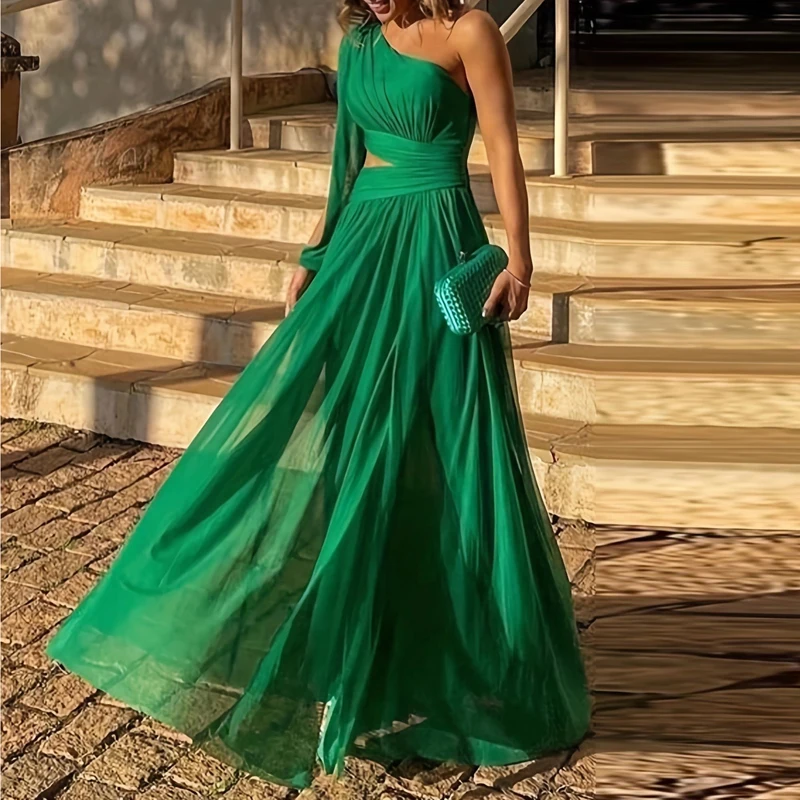 2025, sexy diagonales Hals-Mesh-Kleid mit hoher Taille, modisches One-Shoulder-Ärmel-Hohl-Abendkleid, grün, elegantes, rückenfreies langes Kleid