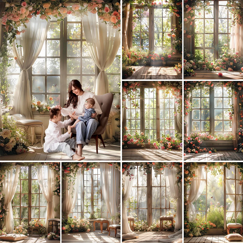 Fotografie Hintergrund für Mutterschaft Porträt Fenster Sonnenschein Blume Garten Vorhang Hintergrund Dekor Mädchen Geburtstag Foto Studio Image