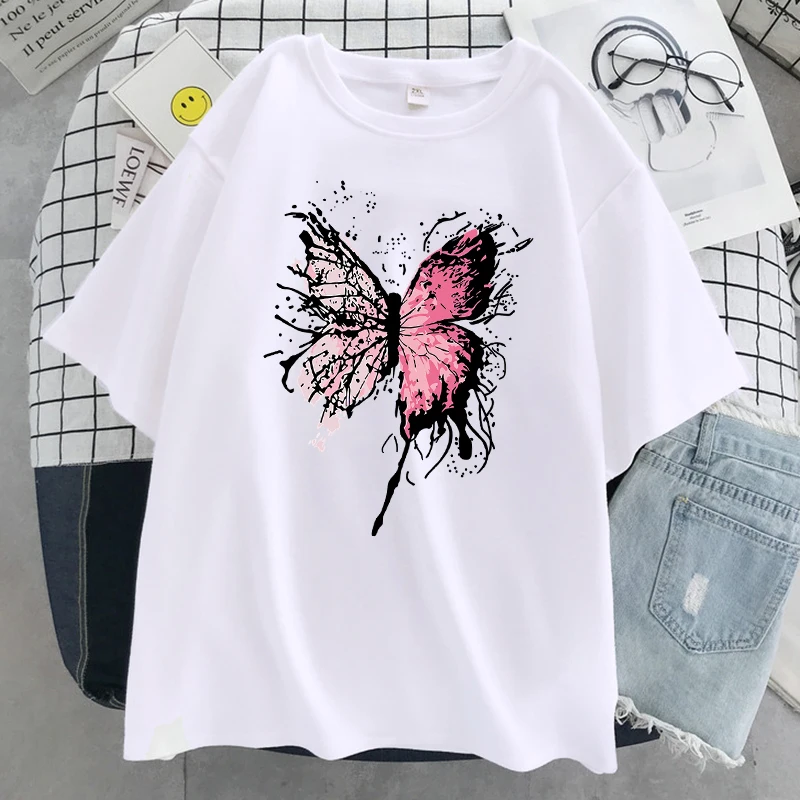 Rosa Harajuku Schmetterling T-Shirt Frauen lässig atmungsaktiv T-Shirt Straße Hip Hop Kurzarm Baumwolle cool übergroße T-Shirt