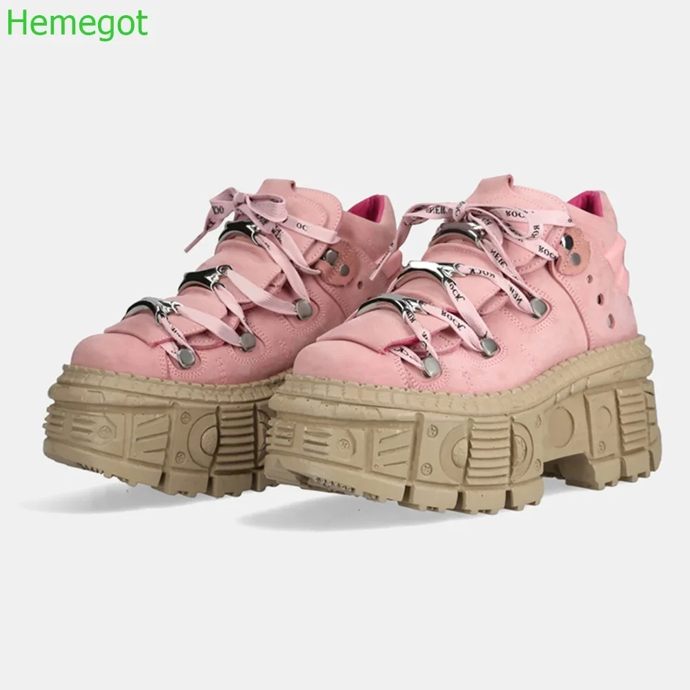 Punk Metall Niet Kurze Stiefel Runde Dicke Sohle Mode Stiefel 2024 Frühjahr Neue Rosa Street Style Lace Up Casual Frauen knöchel Schuhe