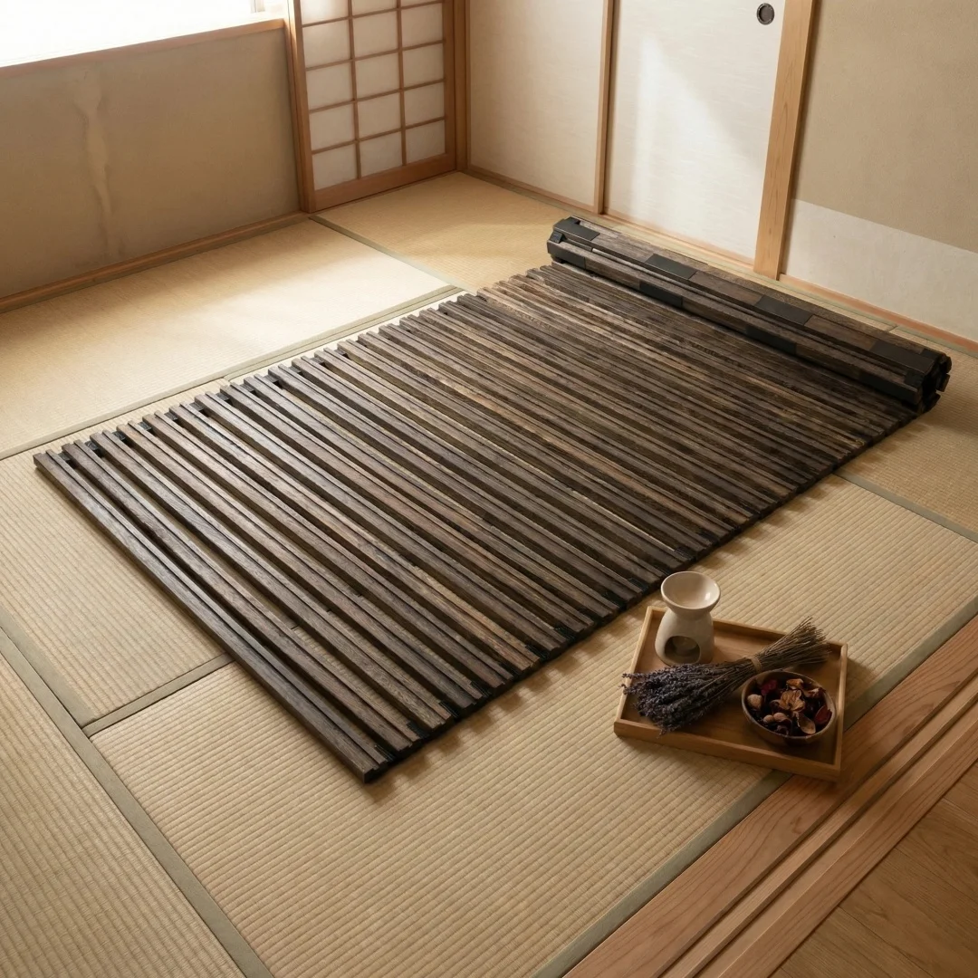 Lattenrost aus Holz in Rollenform für japanische Futonmatratzen, natürliches Paulownia-Braun-Finish, zum Schlafen, Tatami-Faltung Image