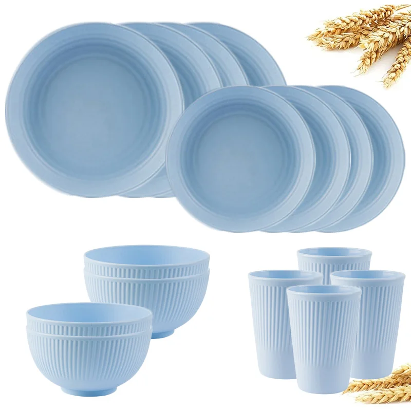 4/16pcs Weizens troh Geschirr Set umwelt freundliches unzerbrechliches Geschirr Küchen besteck Kinder geschirr Essen Besteck Camping