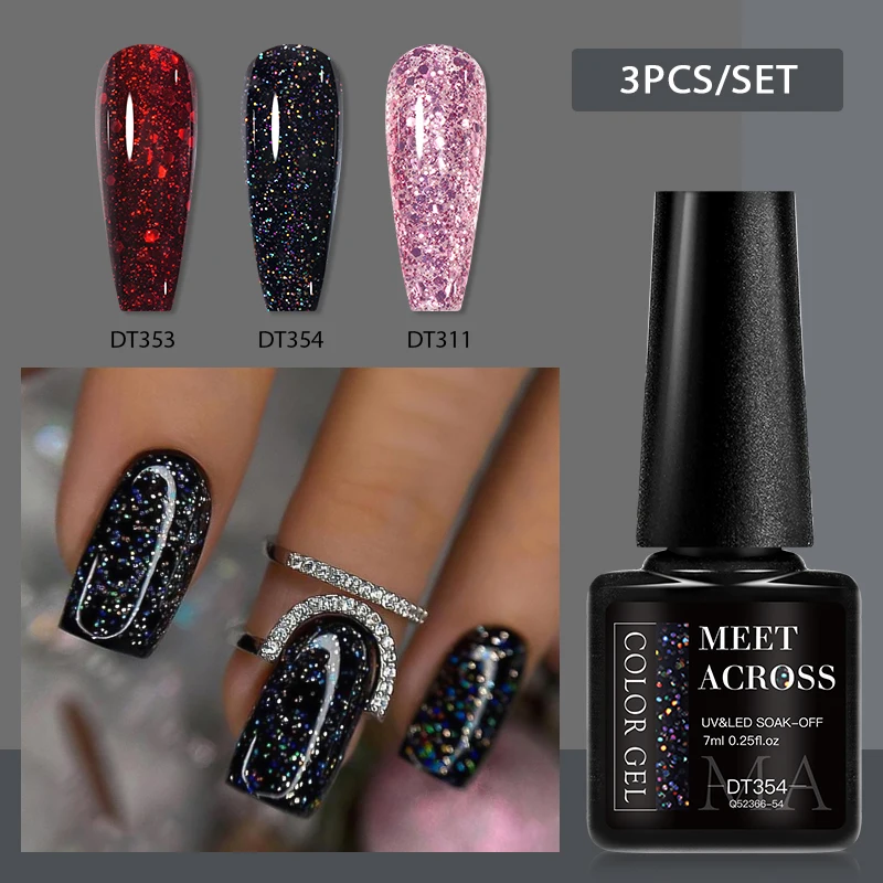 MEET ACROSS 3 Teile/satz 7 ml Glitter Gel Nagellack Schwarz Rot Rosa Laser Glitter Pailletten Nail art UV Gel Lack für Nägel Maniküre Image