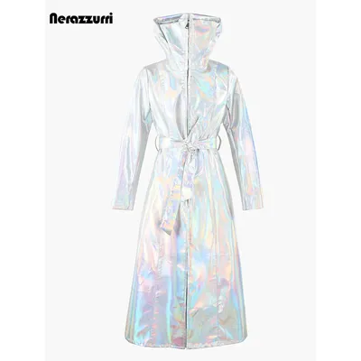 Nerazzurri Autumn Extra Long Windproof Waterproof Shiny Reflective Silver Holographic Patent Faux Leather Coat Women with Hood