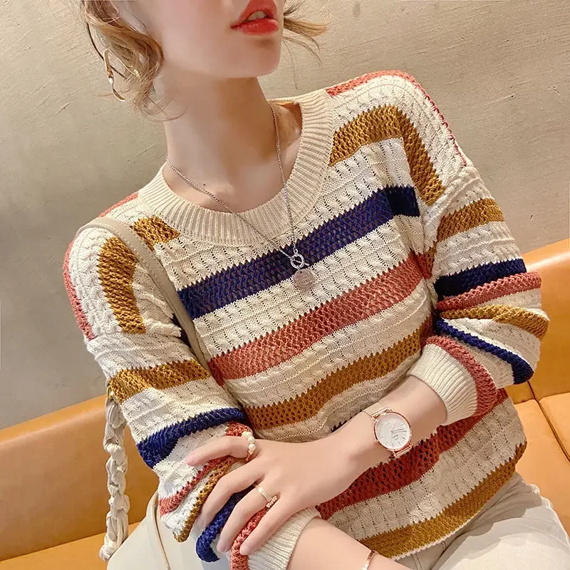 Women's T Shirts Knitted Tees Loose Striped 2025 Female Tops Crochet Tshirts Fitted Offer Korean Style Wholesale Tall O Clothes