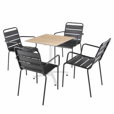 Tisch 70x70 cm neigbar Natureiche und 4 graue Metallstühle